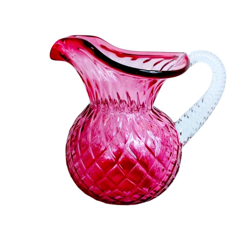 Vintage Mouth Blown Cranberry Glass Pitcher Diamond Optic Pattern 1960's-1970's